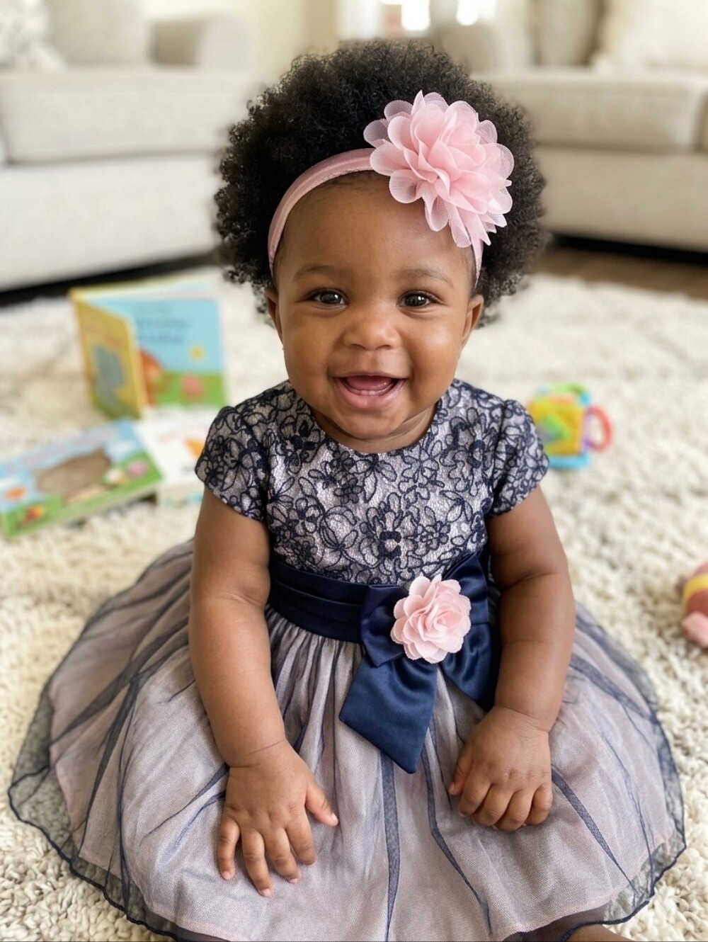 Bonnie Jean Navy Lace & Tulle Dress with Pink Flower Accent